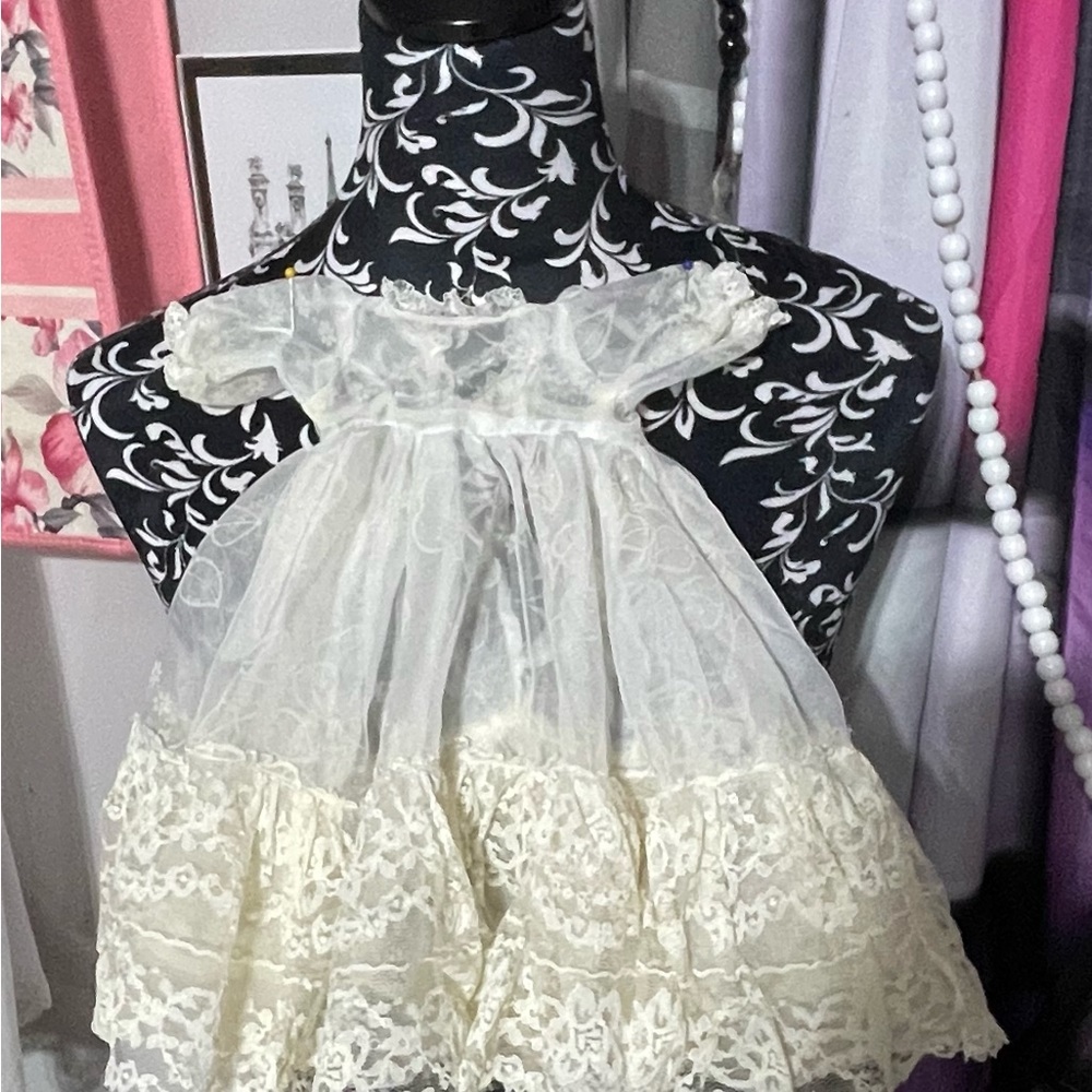 Vintage 1950s Doll Dress Sheer Lace Ruffle Wedding Christening Gown